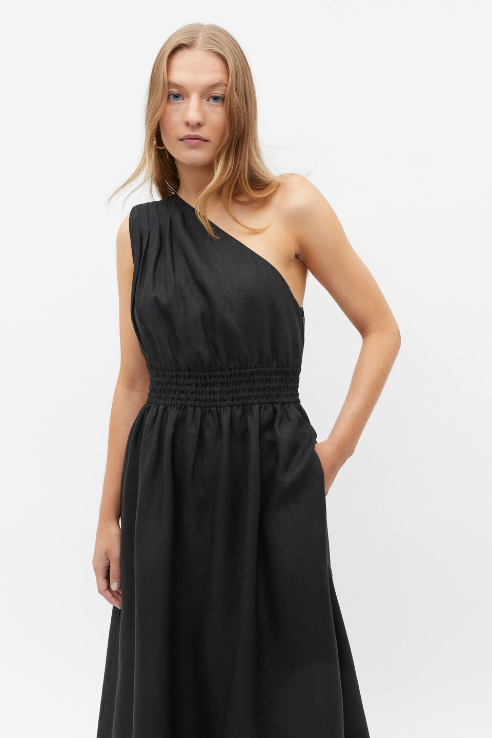 Linen One Shoulder Maxi Dress  Black
