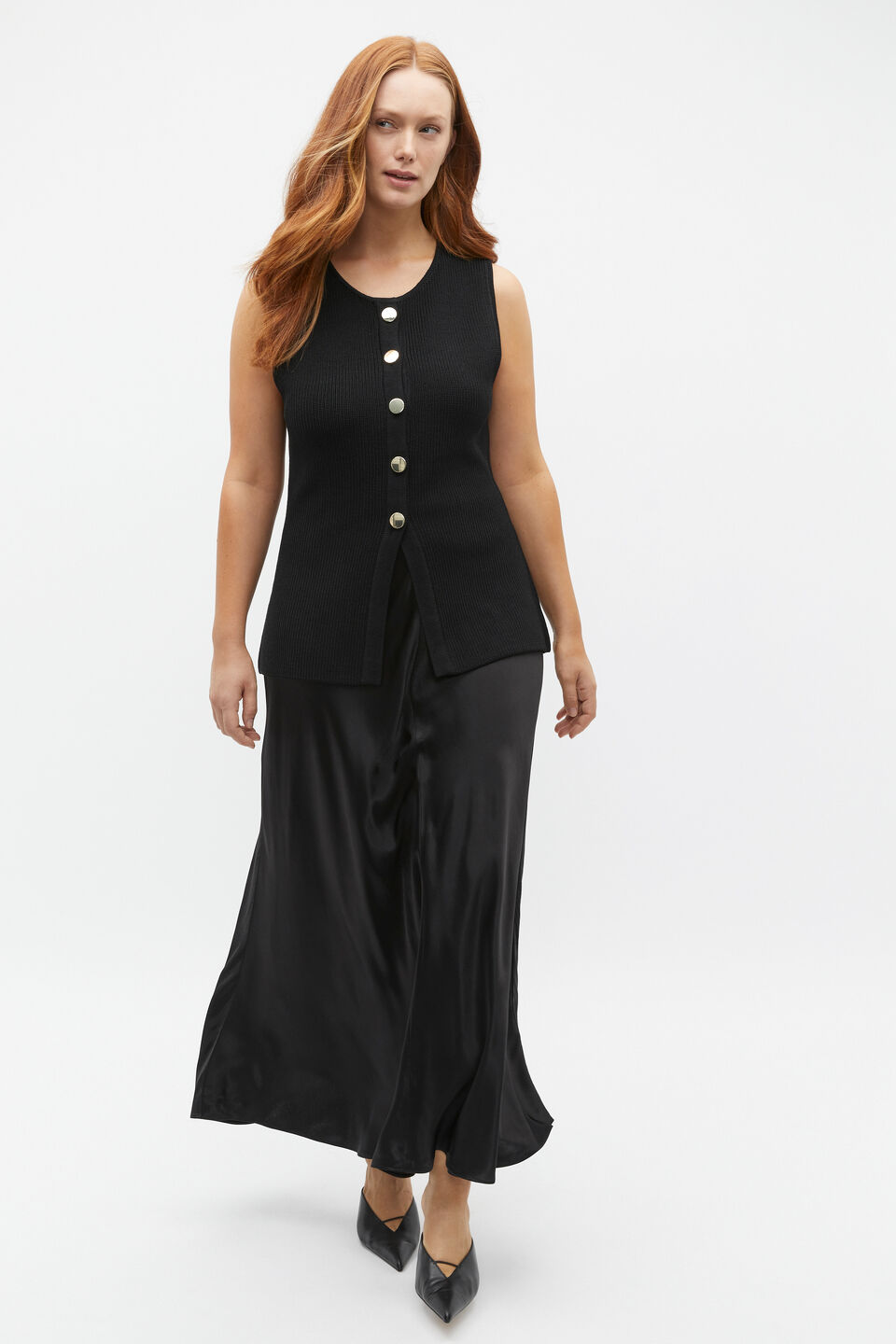 Crepe Rib Button Down Vest  Black