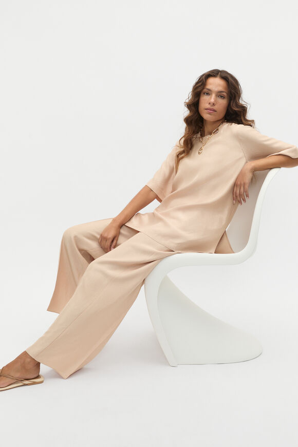 Crinkled Satin Split Hem Tee  Ecru  hi-res