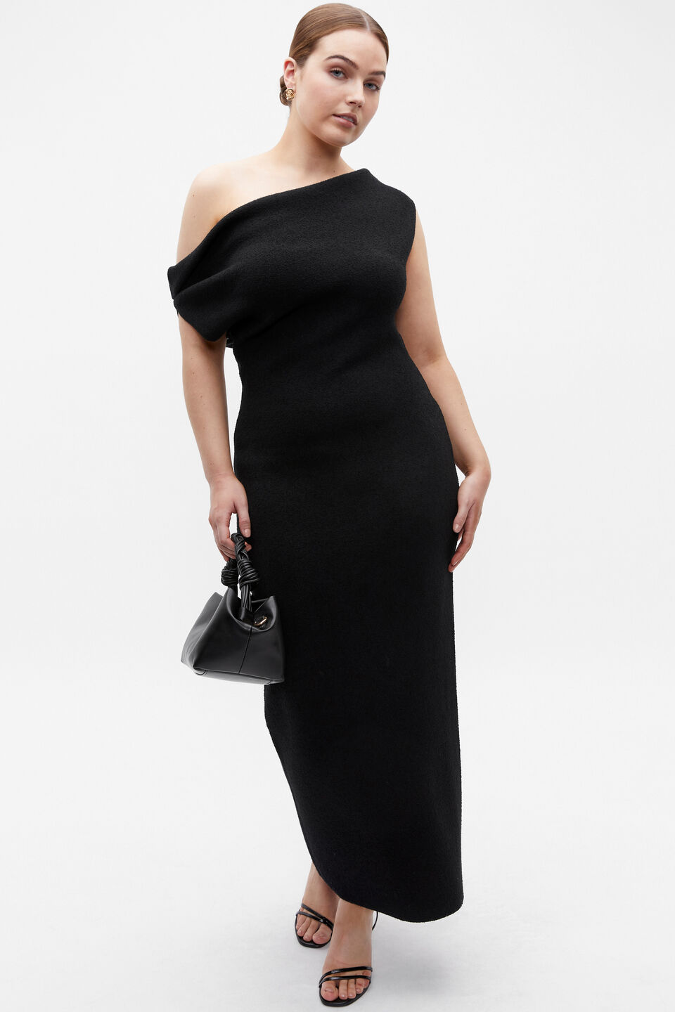 Boucle Knit Off Shoulder Dress  Black