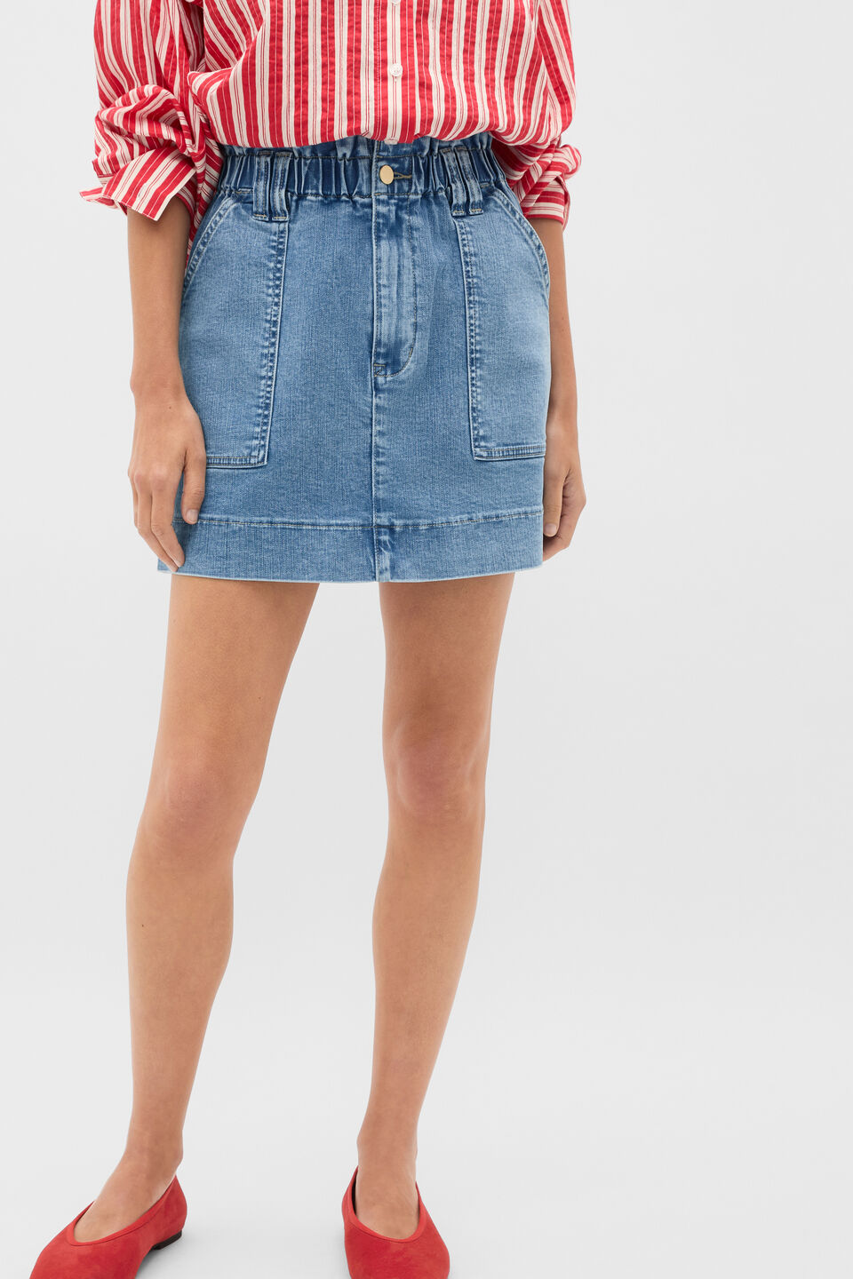 Denim Paperbag Mini Skirt  Mist Blue Wash