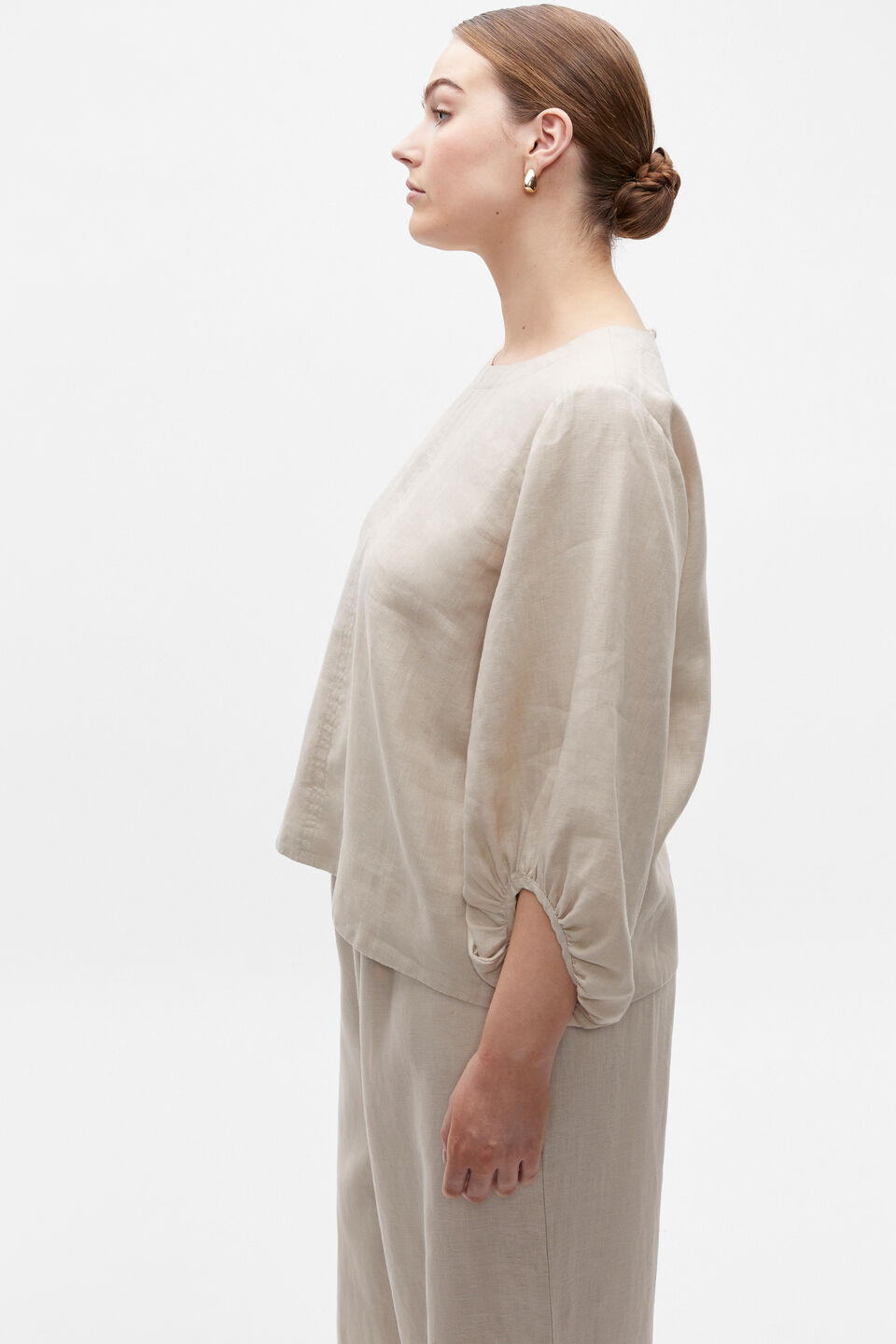 Core Linen Balloon Sleeve Top  Cool Sand