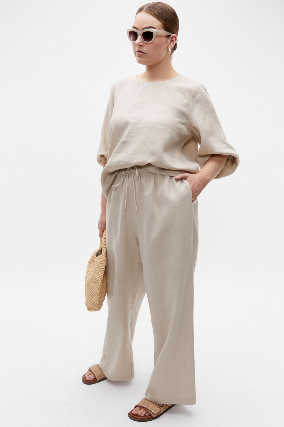 Core Linen Balloon Sleeve Top  Cool Sand
