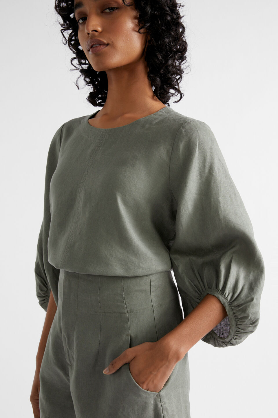 Core Linen Balloon Sleeve Top  Smokey Olive