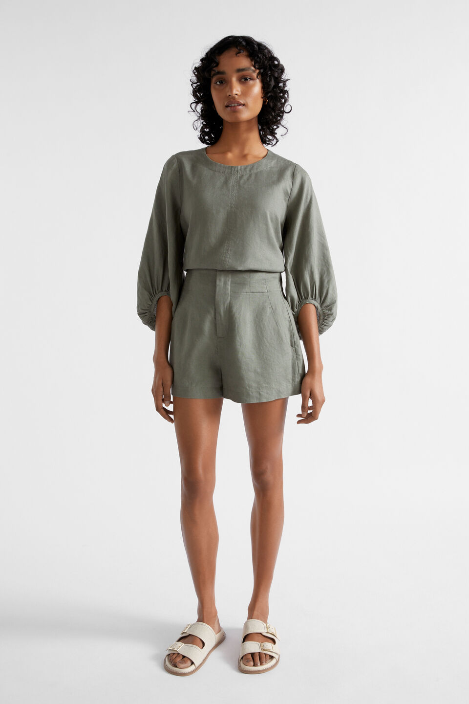 Core Linen Balloon Sleeve Top  Smokey Olive