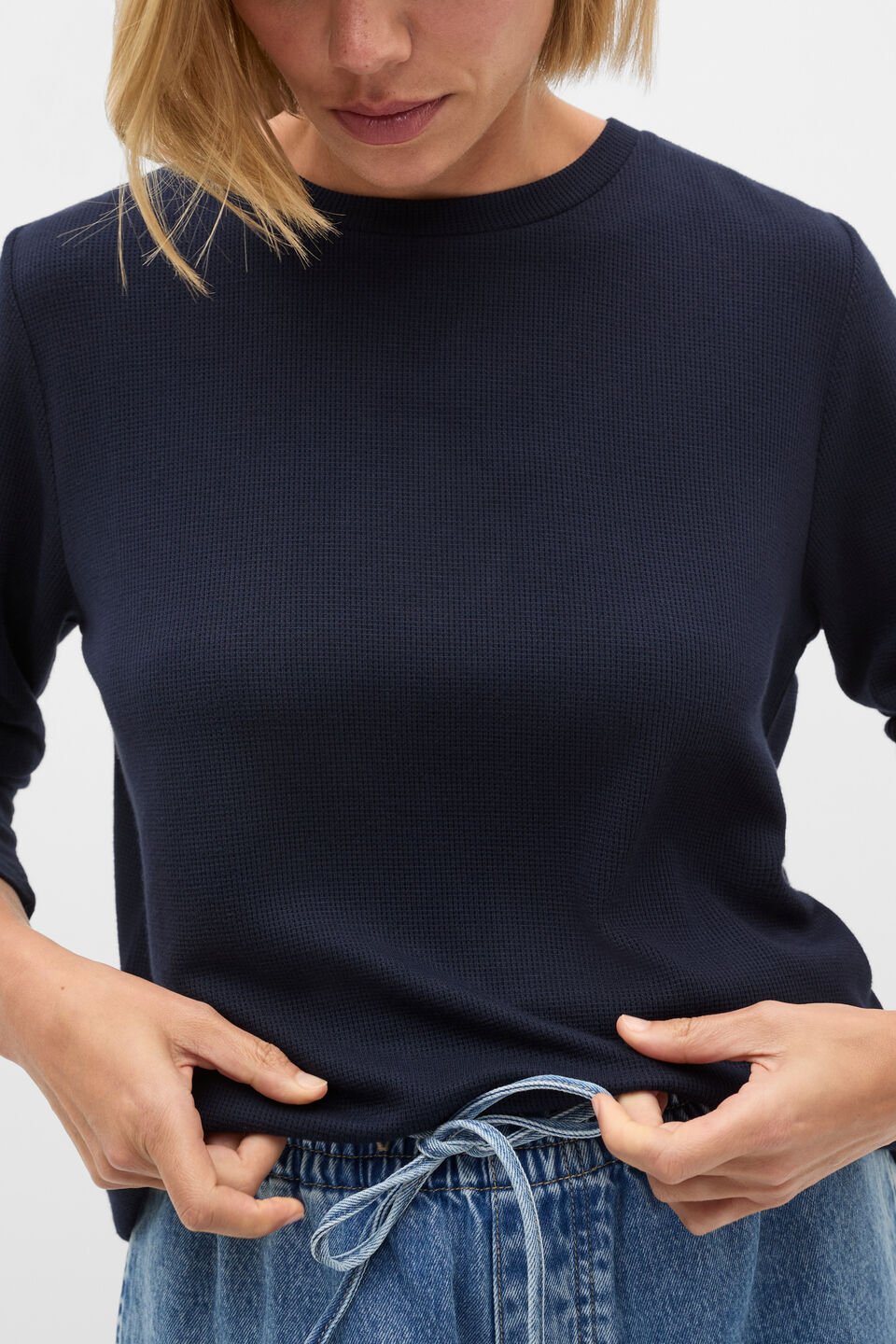 Micro Waffle Crew Neck Top  Twilight Blue