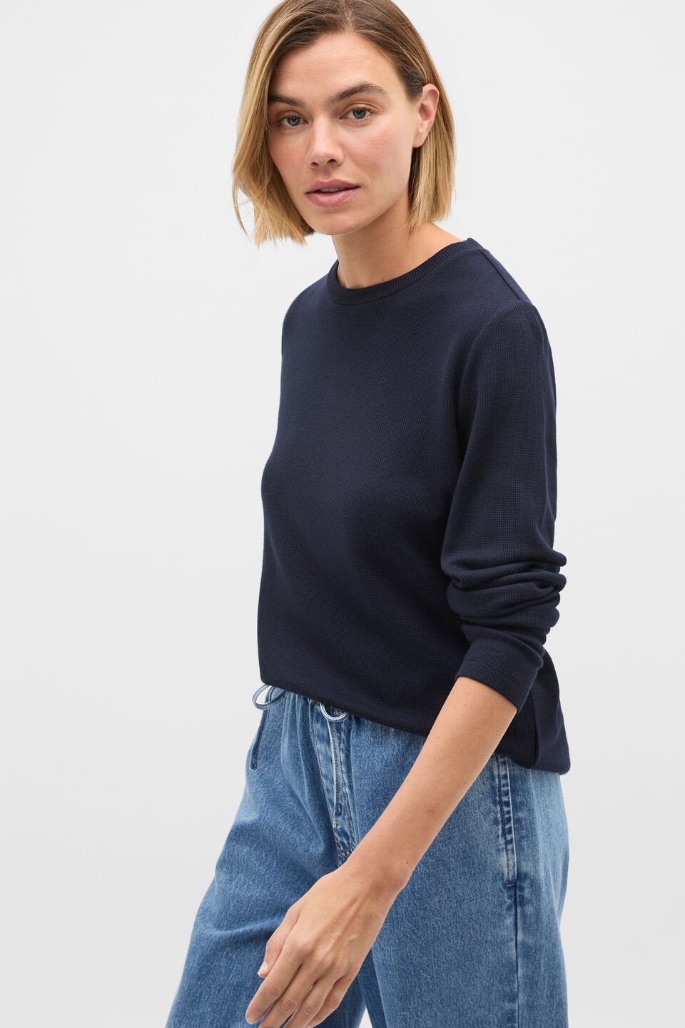 Micro Waffle Crew Neck Top  Twilight Blue