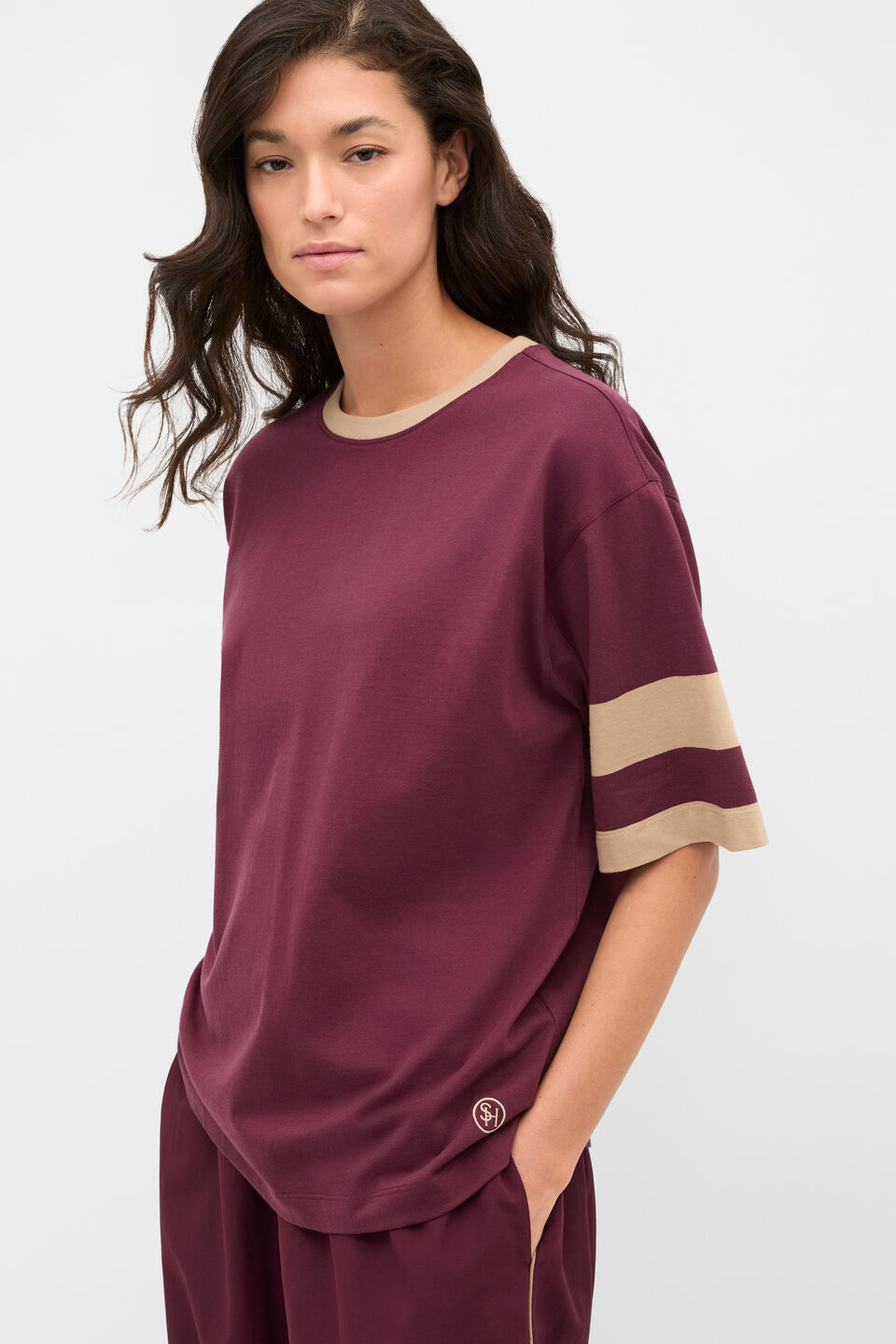MD Cotton Contrast Boyfriend Tee  Plum Red