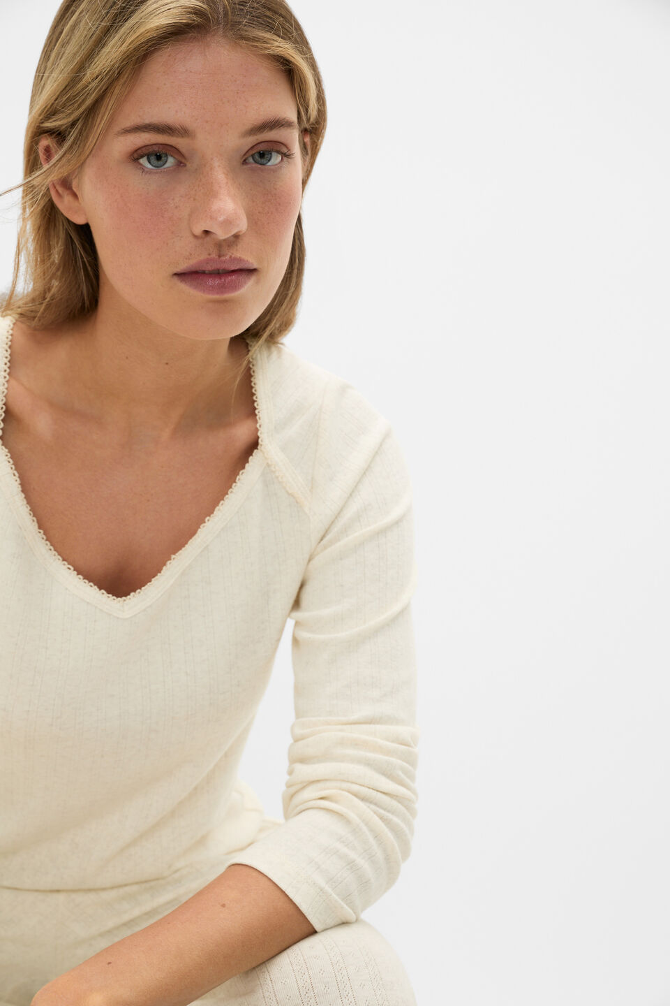 Pointelle Top and Pant PJ Set  Coconut Cream Marle