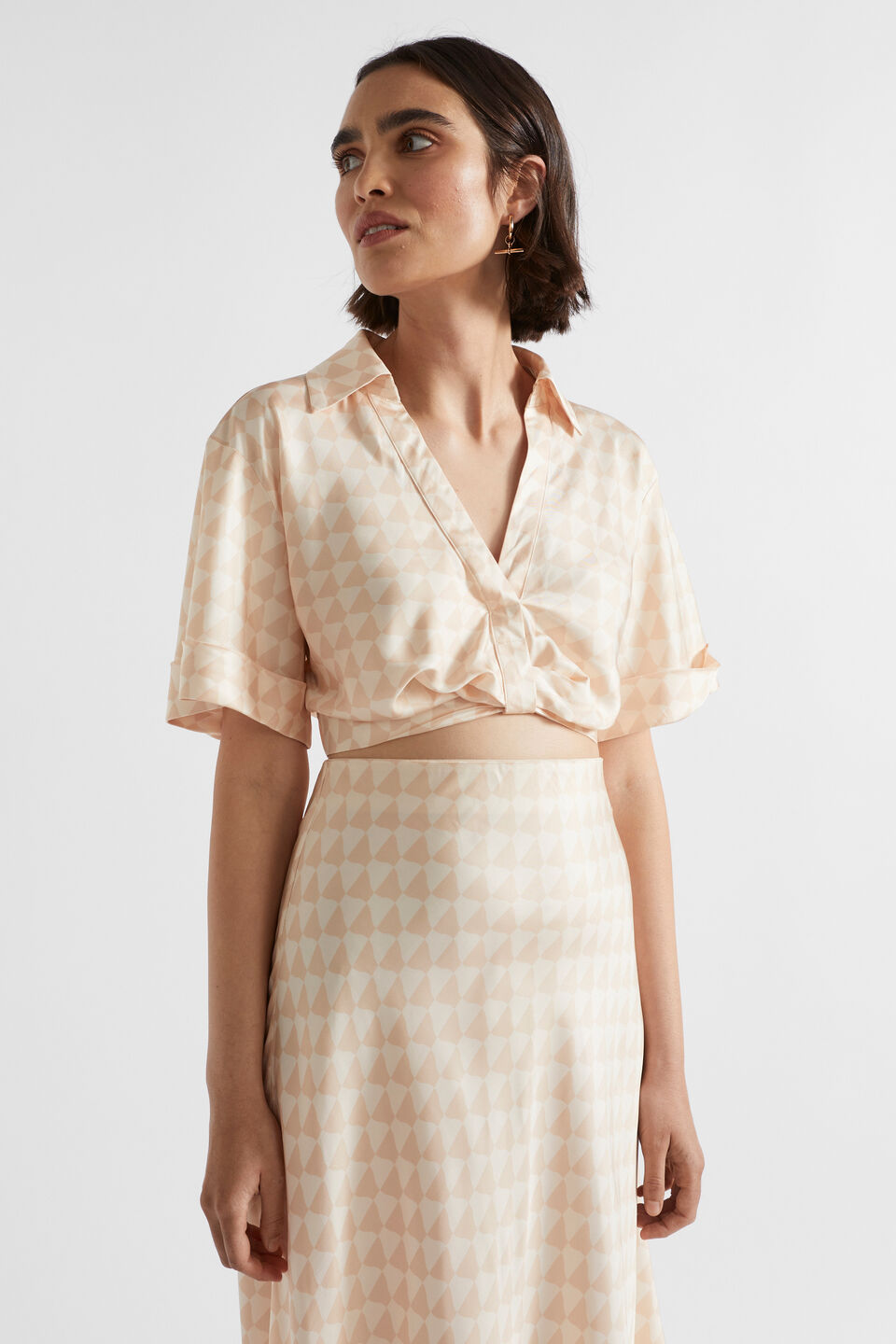 Satin Geo Crop Shirt  Soft Wheat Geo