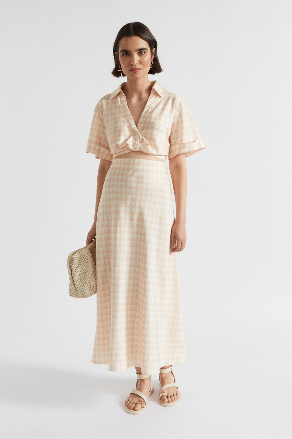 Satin Geo Crop Shirt  Soft Wheat Geo