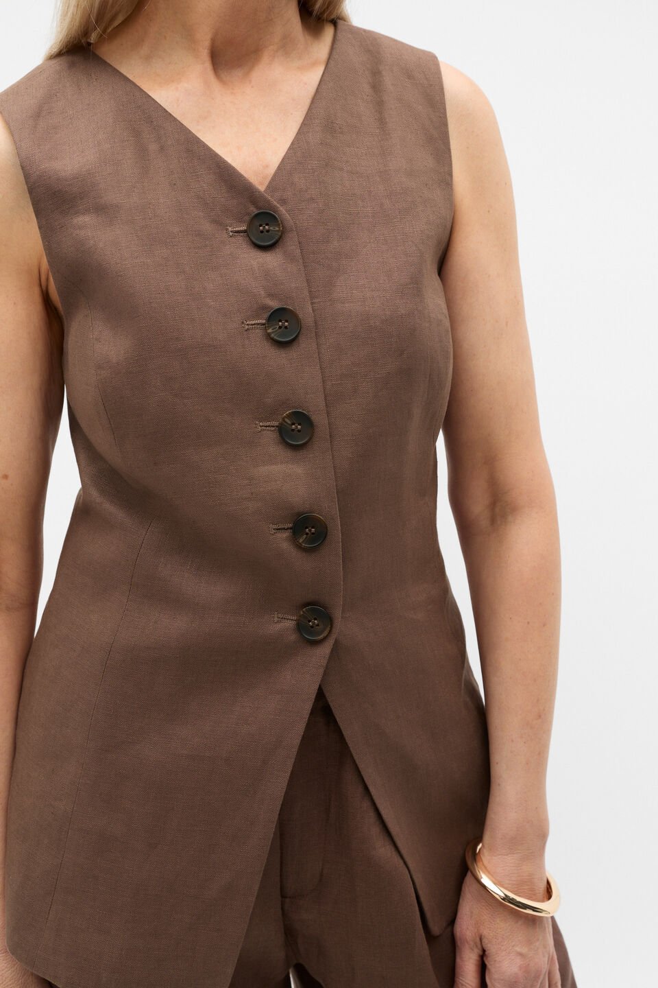 Linen Longline Button Vest  Pinecone