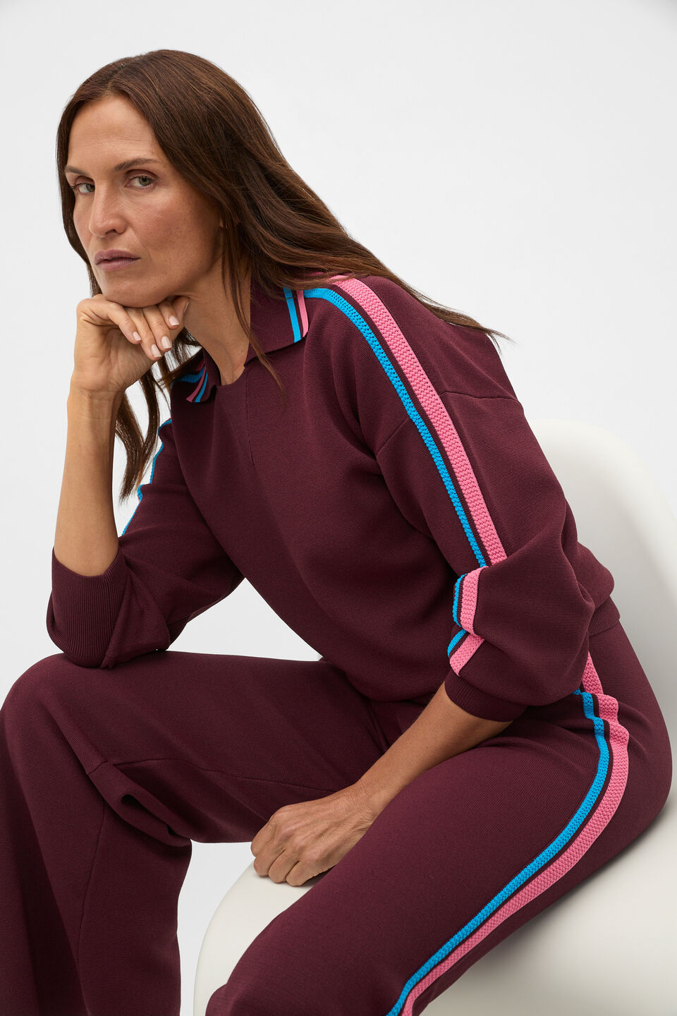 MD Crepe Knit Collared Sweater  Plum Red