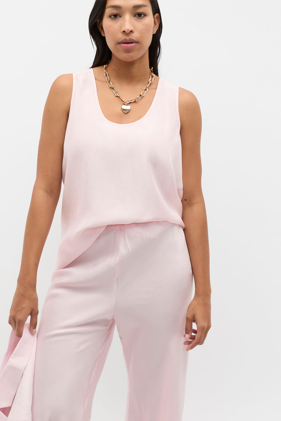 Crinkled Satin Longline Tank  Primrose