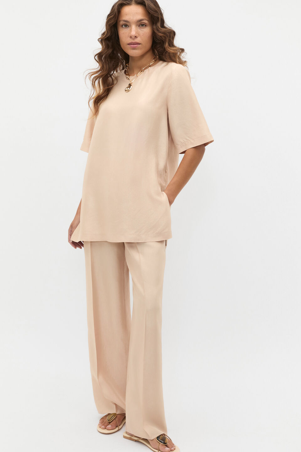 Crinkled Satin Palazzo Pant  Ecru