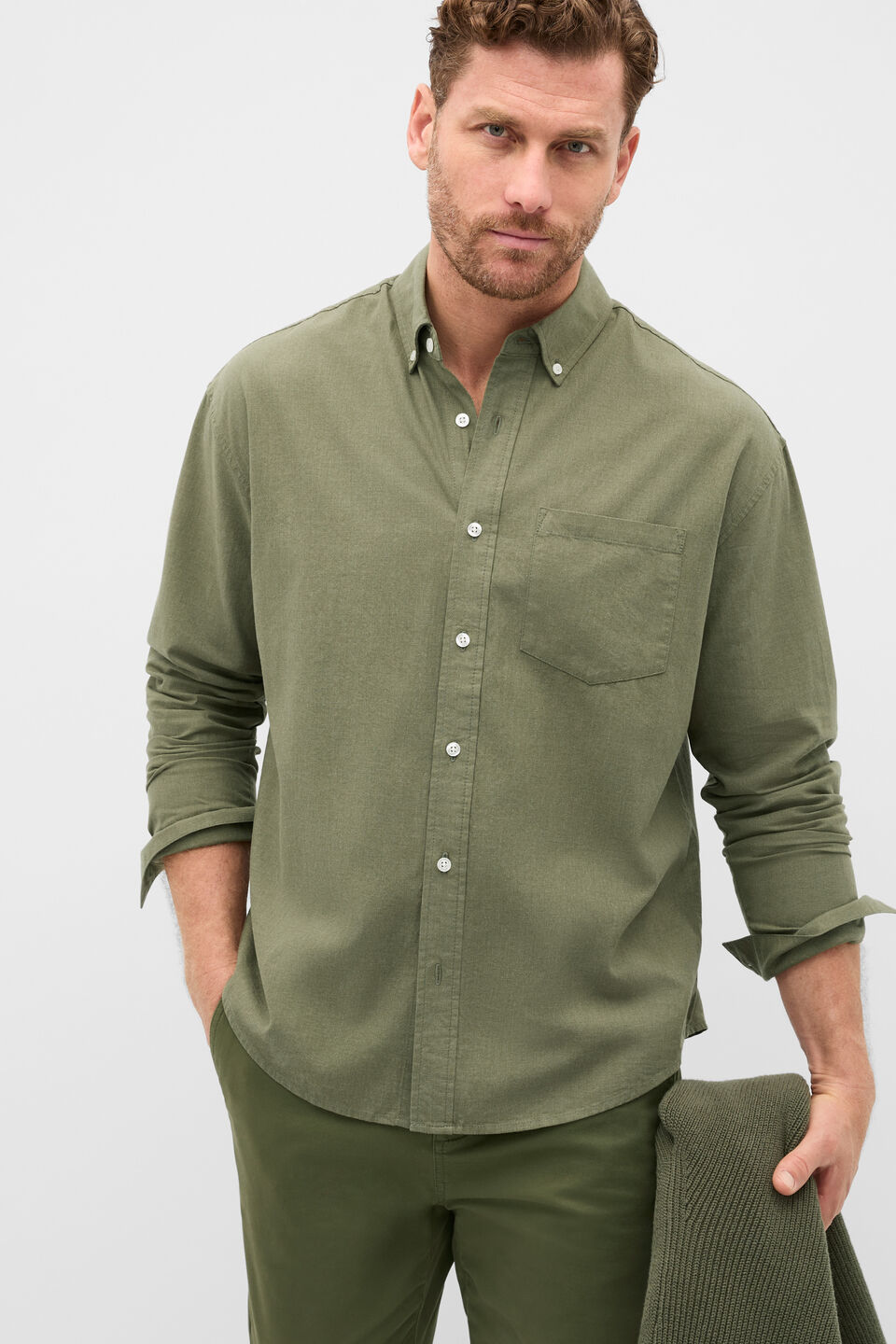Relaxed Fit Brushed Cotton Shirt  Olive