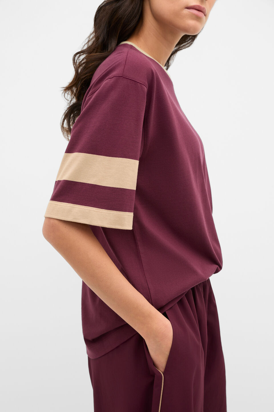 MD Cotton Contrast Boyfriend Tee  Plum Red