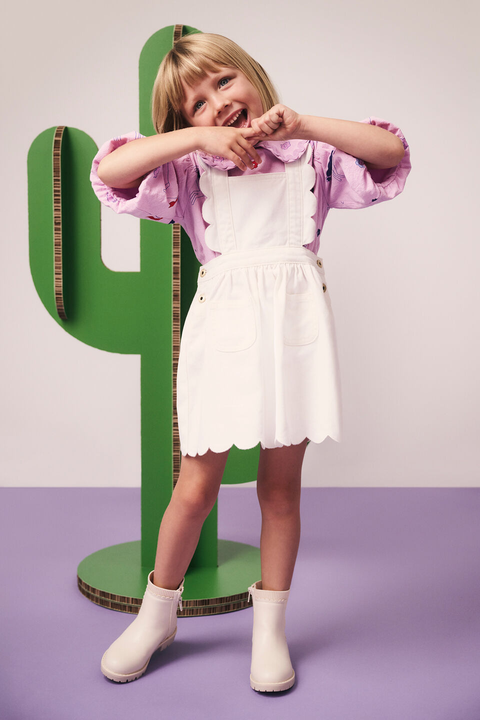 Scallop Denim Pinafore  Classic Cream