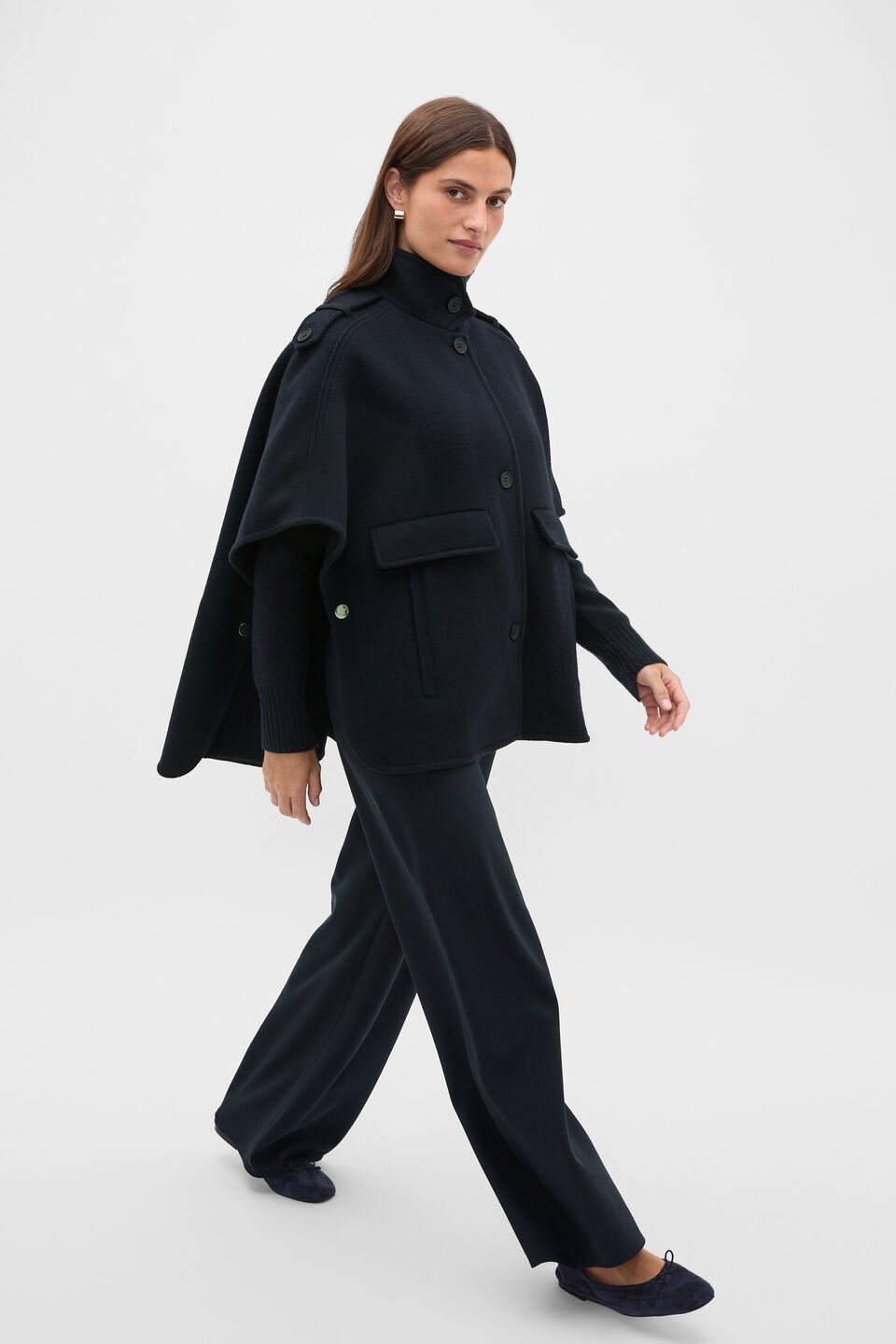 Wool Trench Cape  Twilight Blue