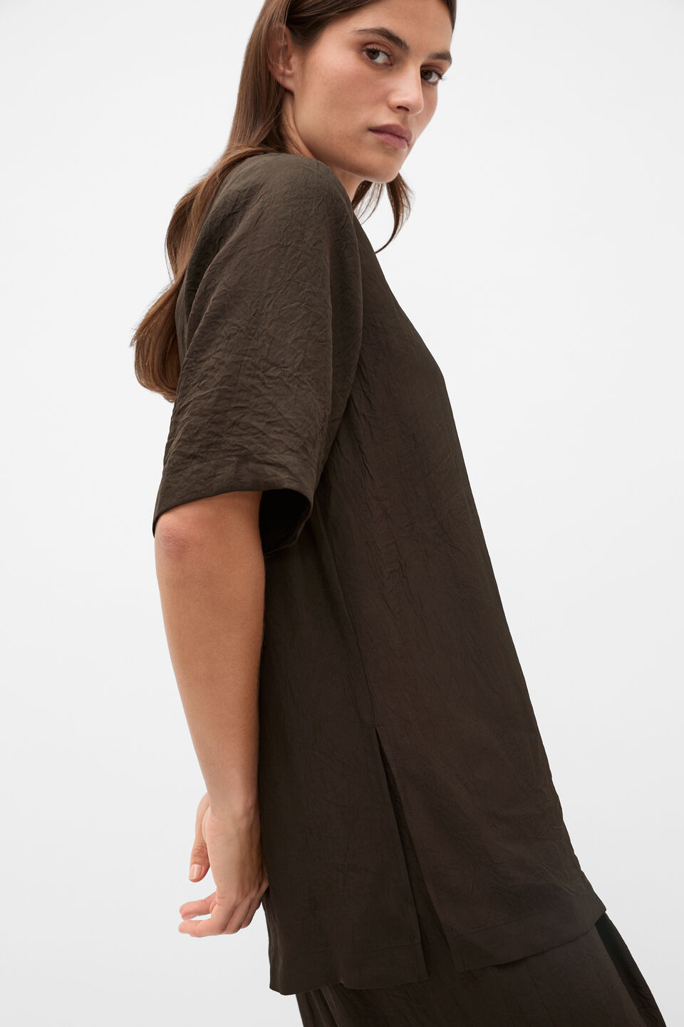 Textured Satin Oversized Tee  Coffee Bean