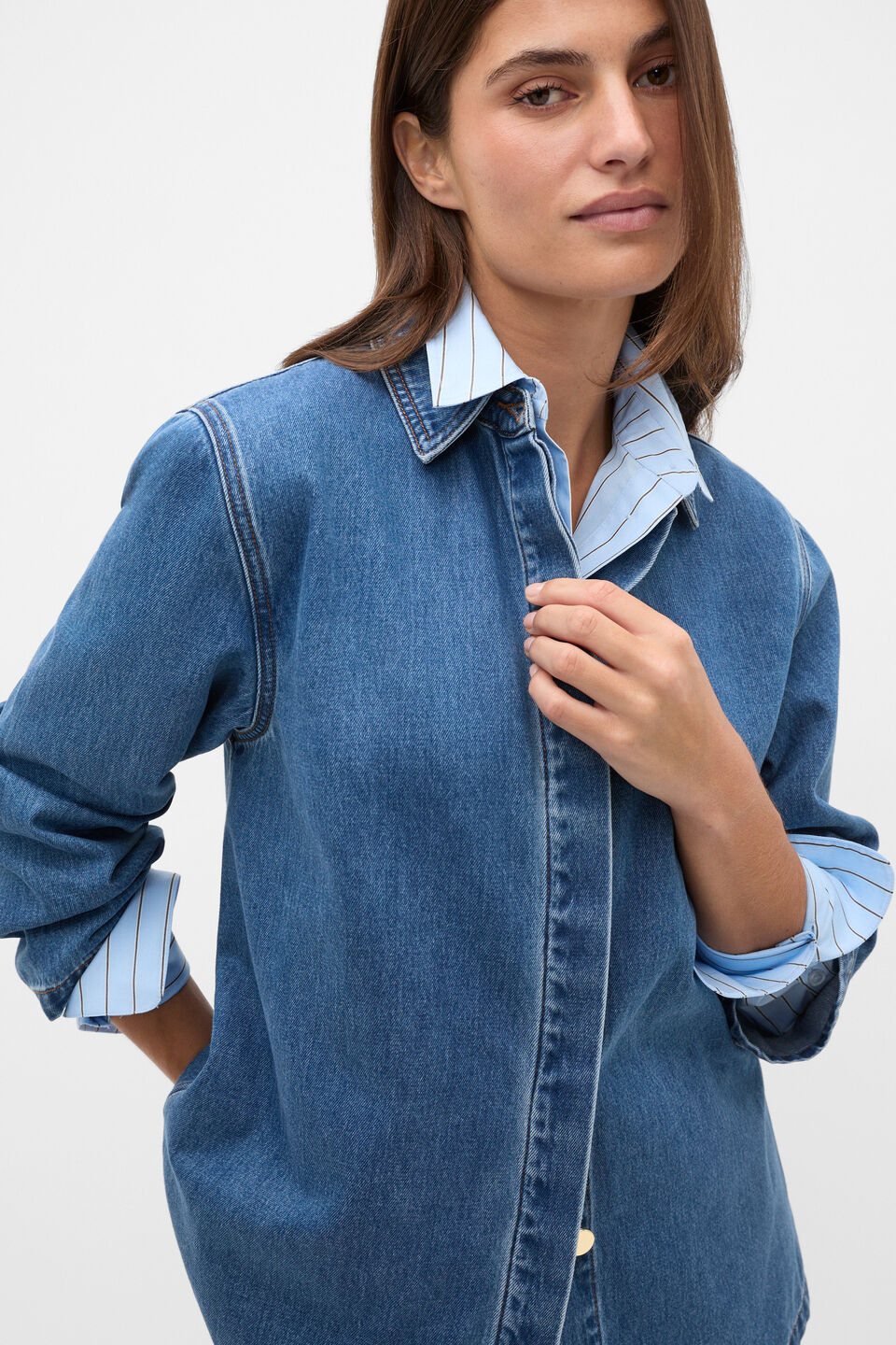Denim Concealed Placket Shirt  Mid Indigo Denim