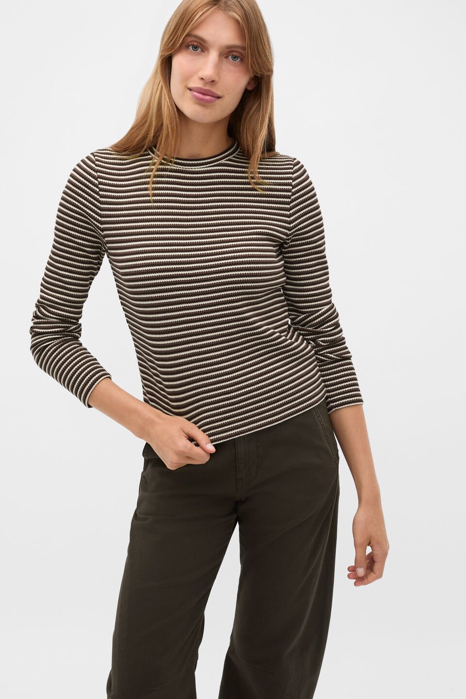 Textured Waffle Crew Neck Top  Coffee Bean Stripe