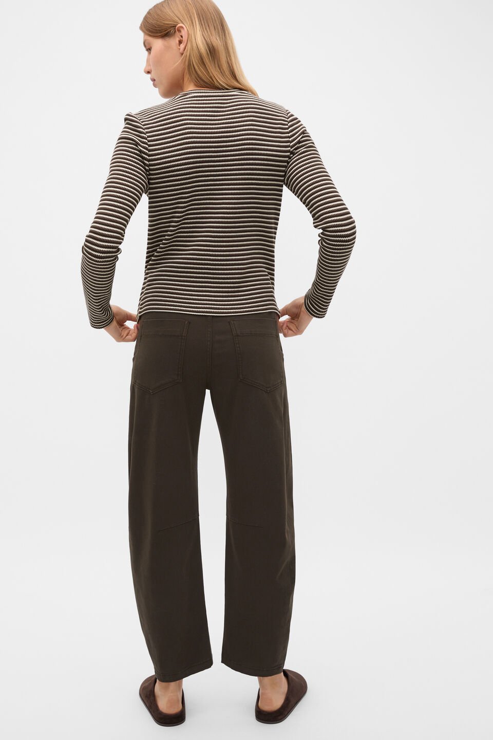 Textured Waffle Crew Neck Top  Coffee Bean Stripe