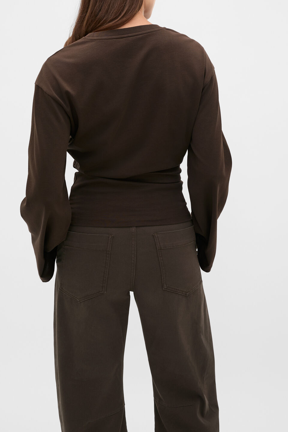 Cotton Long Sleeve Waisted Top  Coffee Bean