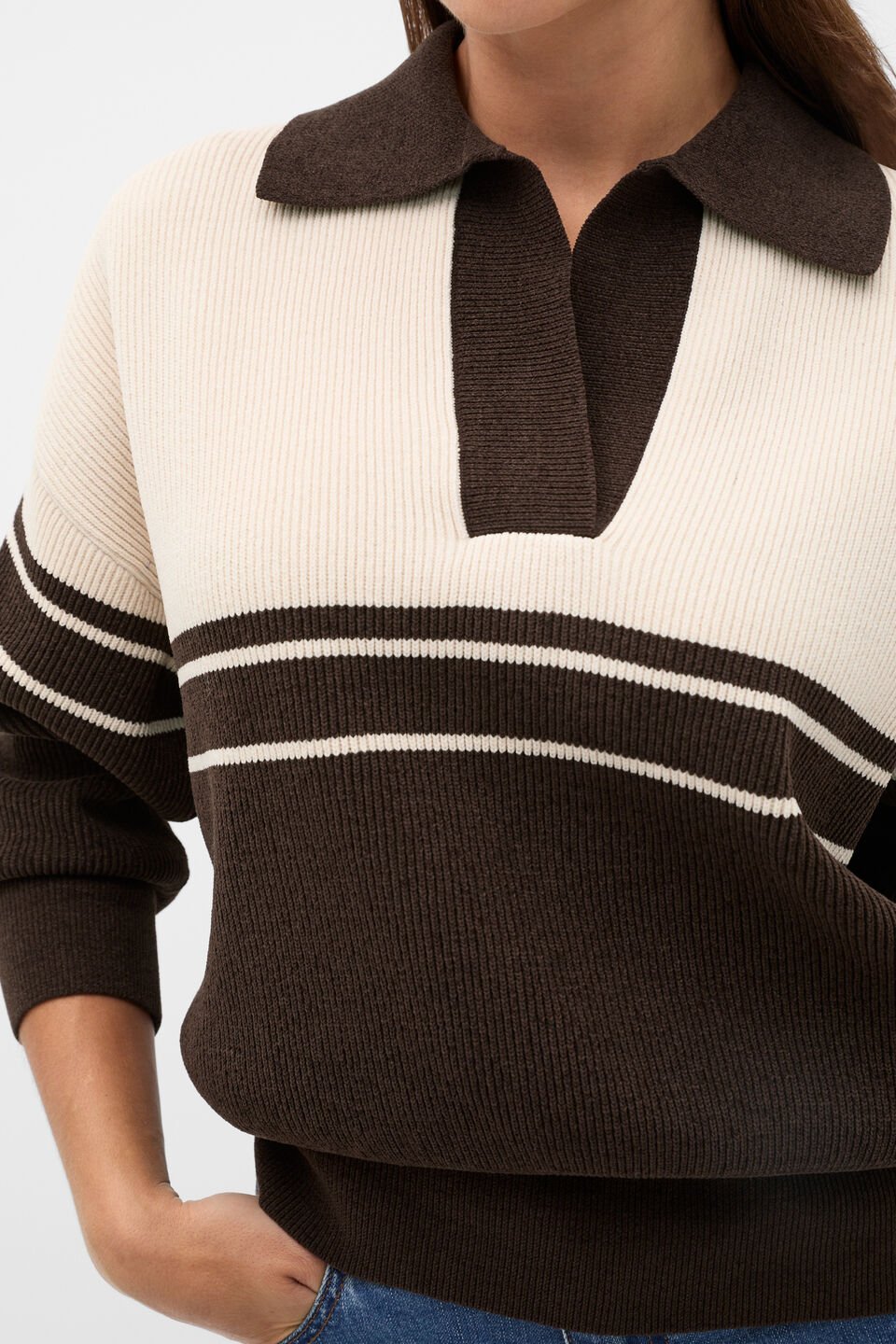 Collared Breton Stripe Knit  Coffee Bean