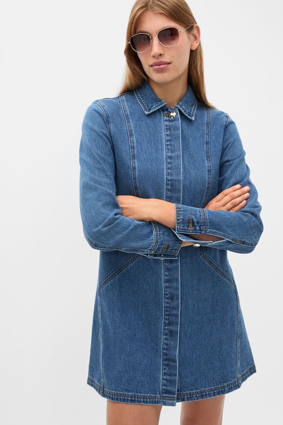Denim Longsleeve Mini Dress  Mid Indigo Denim  hi-res