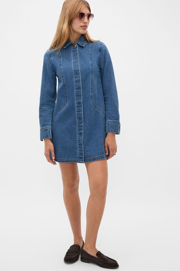 Denim Longsleeve Mini Dress  Mid Indigo Denim  hi-res