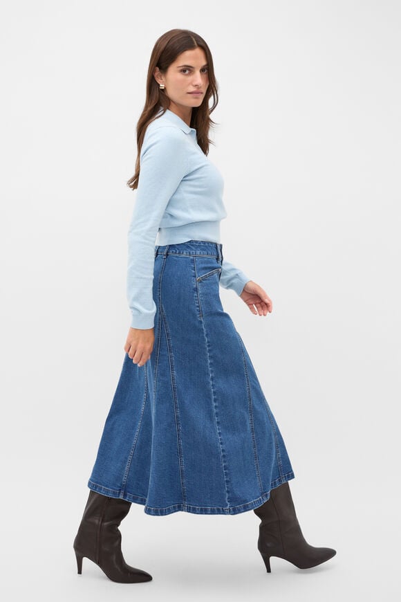 Denim Panelled A Line Skirt  Mid Indigo Denim  hi-res