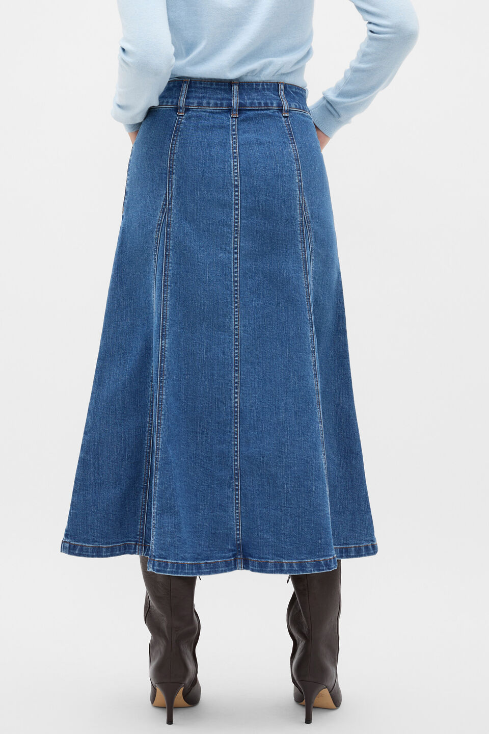 Denim Panelled A Line Skirt  Mid Indigo Denim