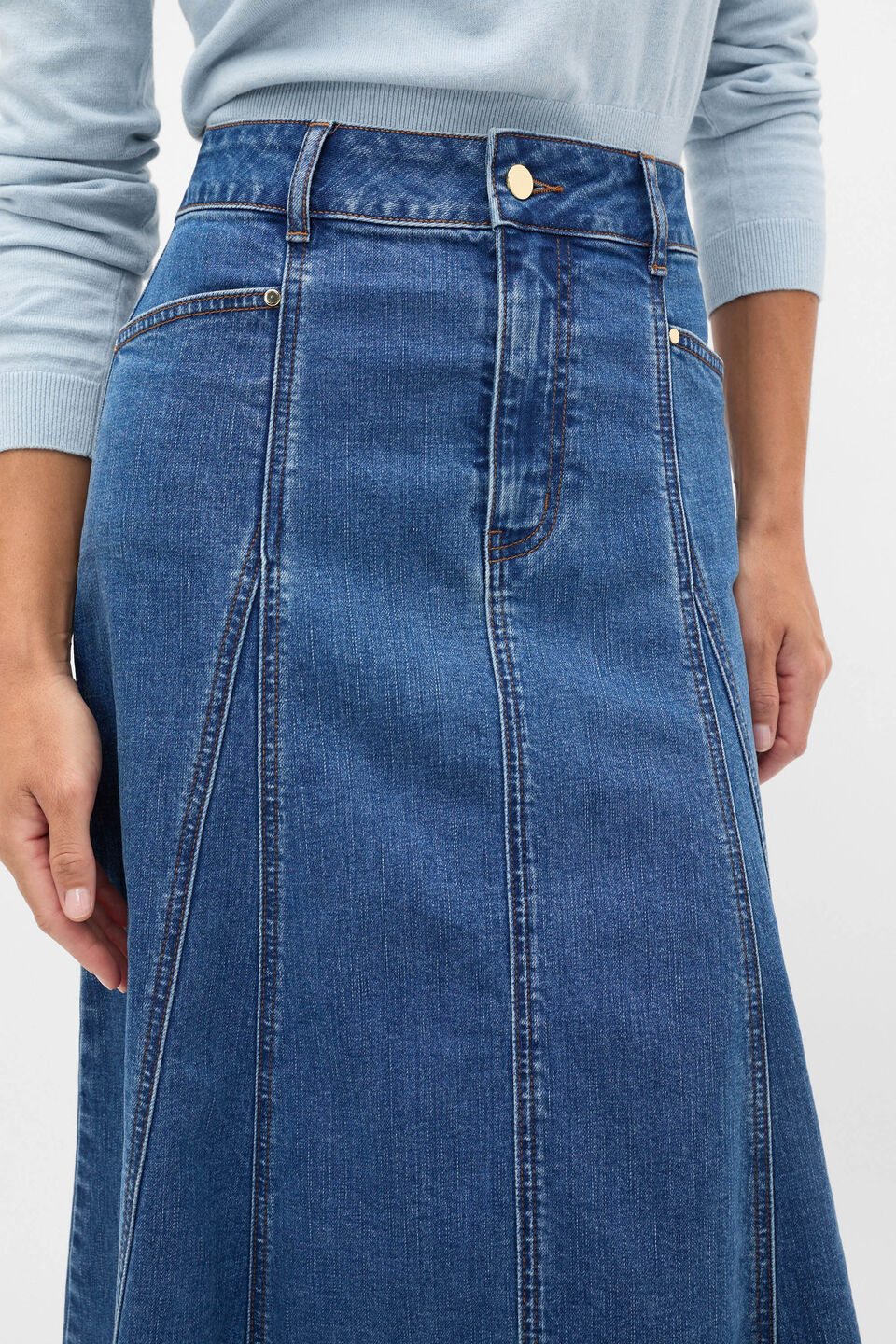 Denim Panelled A Line Skirt  Mid Indigo Denim