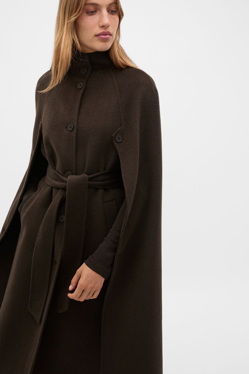Wool Blend Cape Coat  Coffee Bean