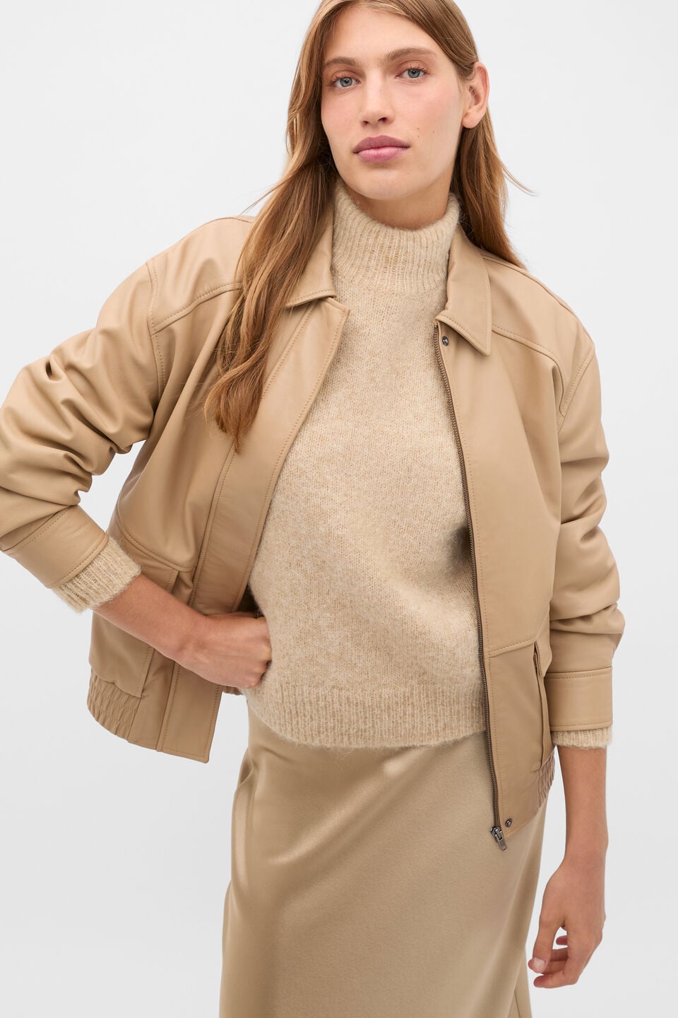 Leather Bomber Jacket  Sandstone