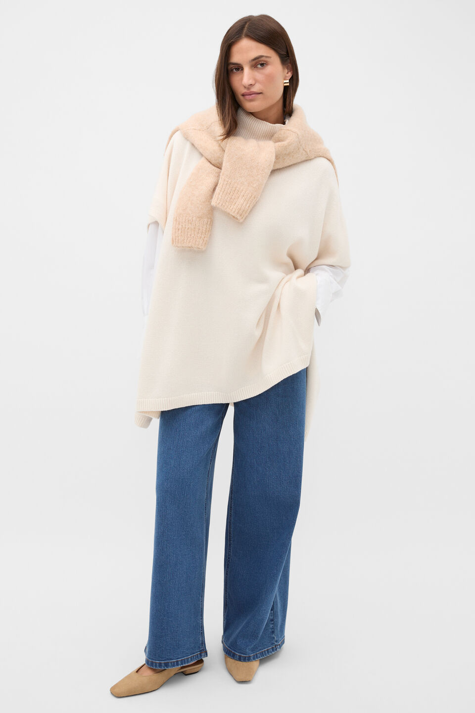 Rib Detail Poncho  Coconut Cream
