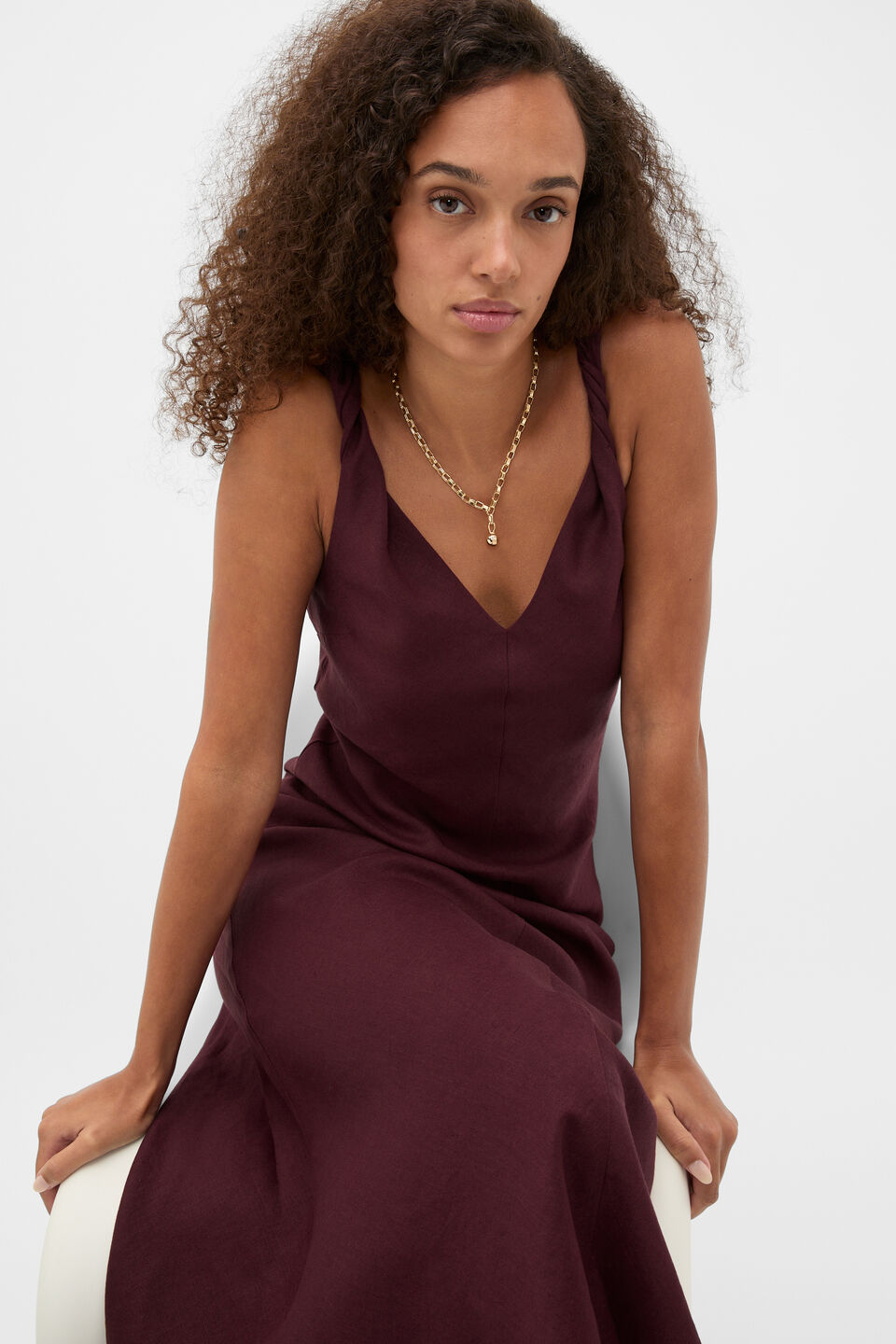 Linen Twist Shoulder Maxi Dress  Plum Red