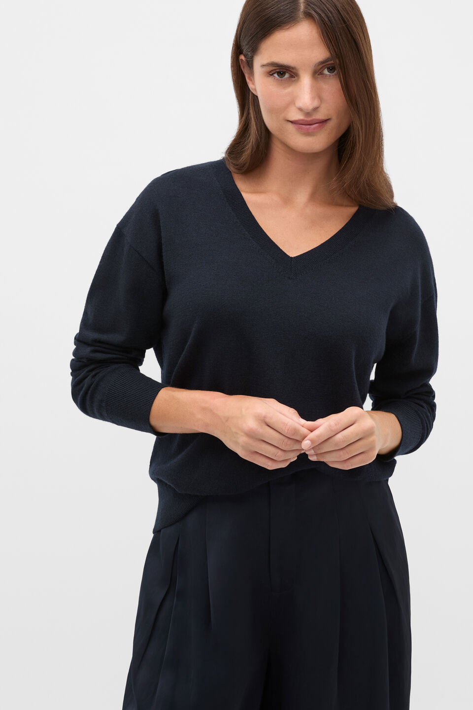 Australian Merino V Neck Knit  Twilight Blue