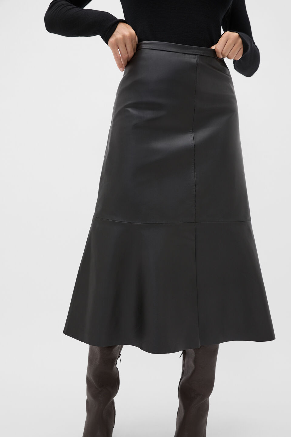 Leather Midi Split Front Skirt  Black