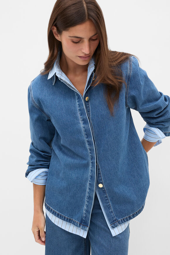 Denim Concealed Placket Shirt  Mid Indigo Denim  hi-res