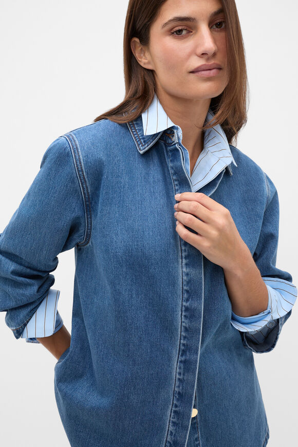 Denim Concealed Placket Shirt  Mid Indigo Denim  hi-res