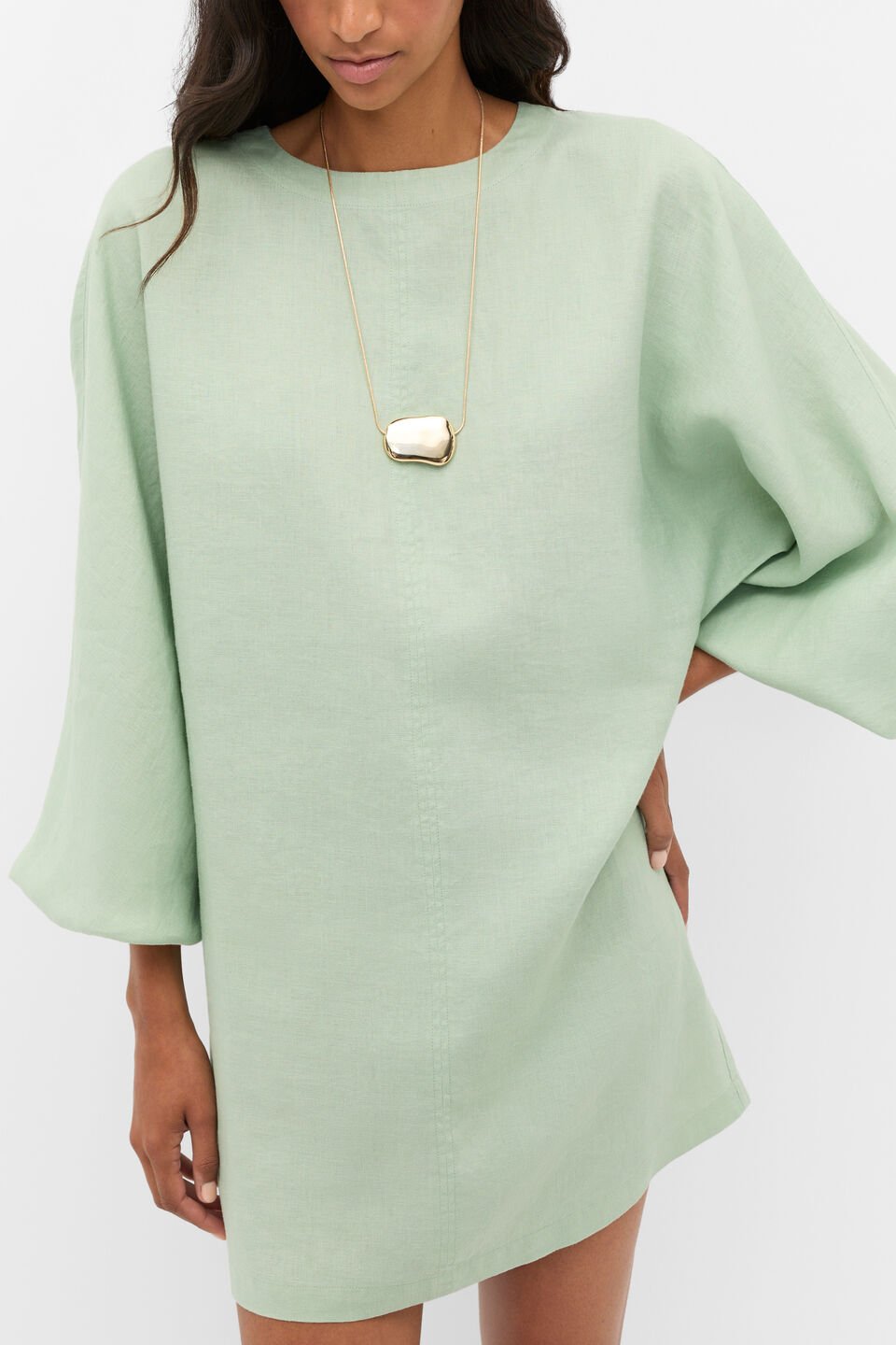 Linen Blouson Sleeve Dress  Eucalyptus