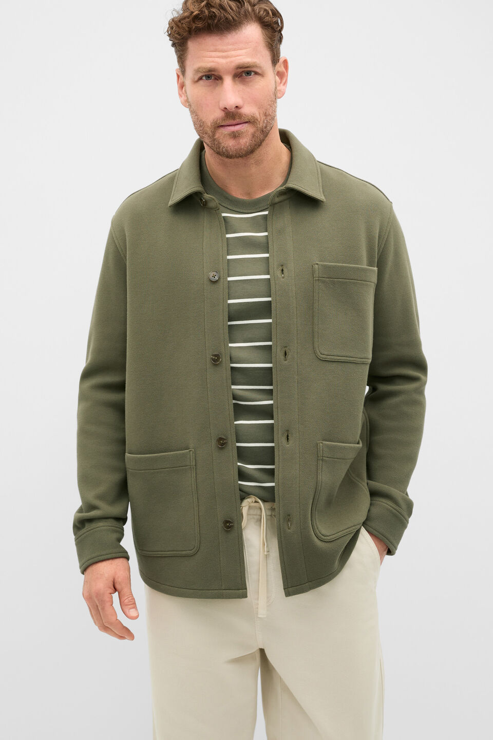 Cotton Pique Overshirt  Olive