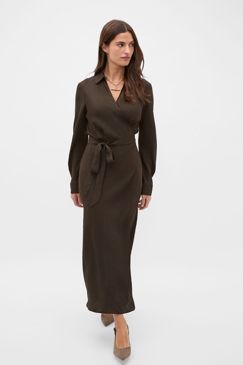 Textured Satin Wrap Shirt Dress  Coffee Bean