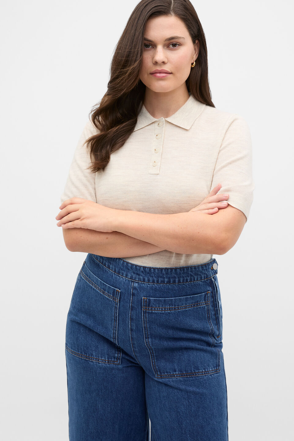 Australian Merino Knit Polo Top  Mist Marle