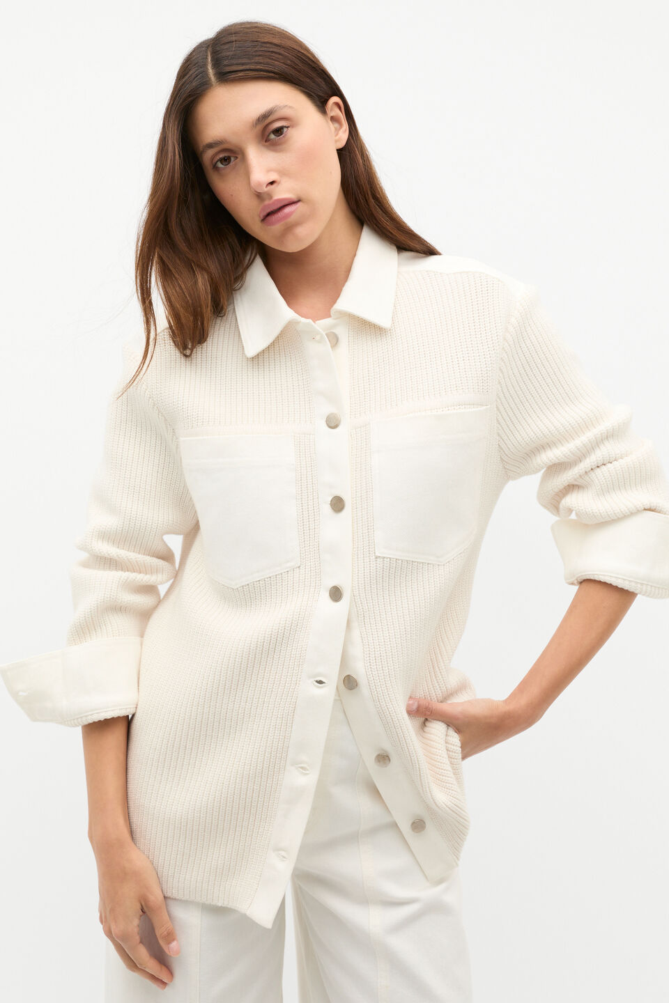 Denim Rib Knit Jacket  Cloud Cream