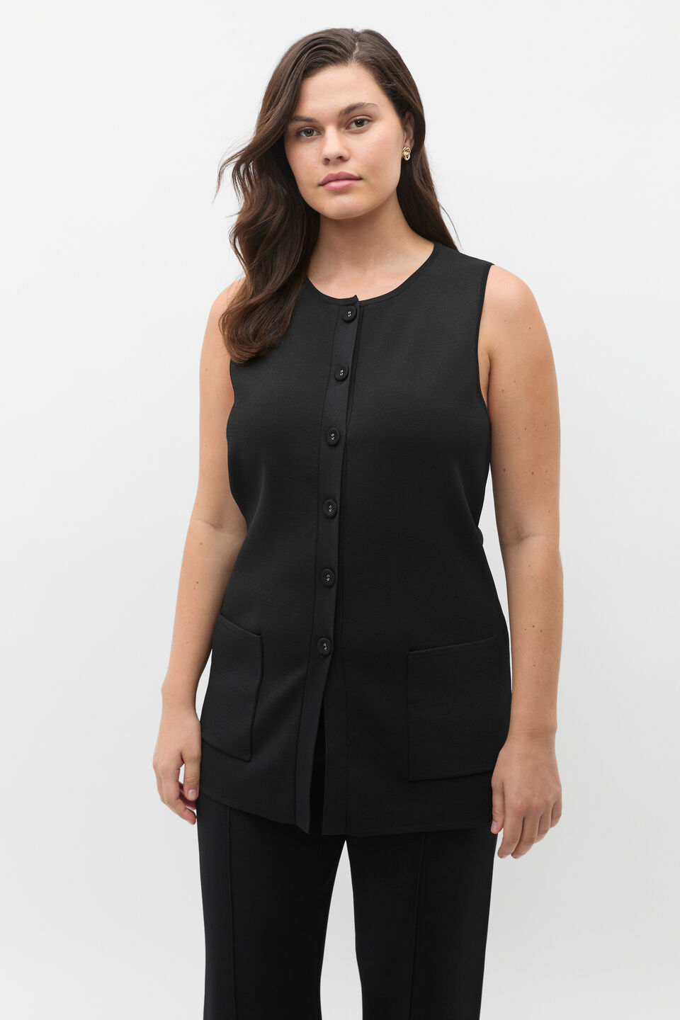 Longline Boat Neck Knit Vest  Black