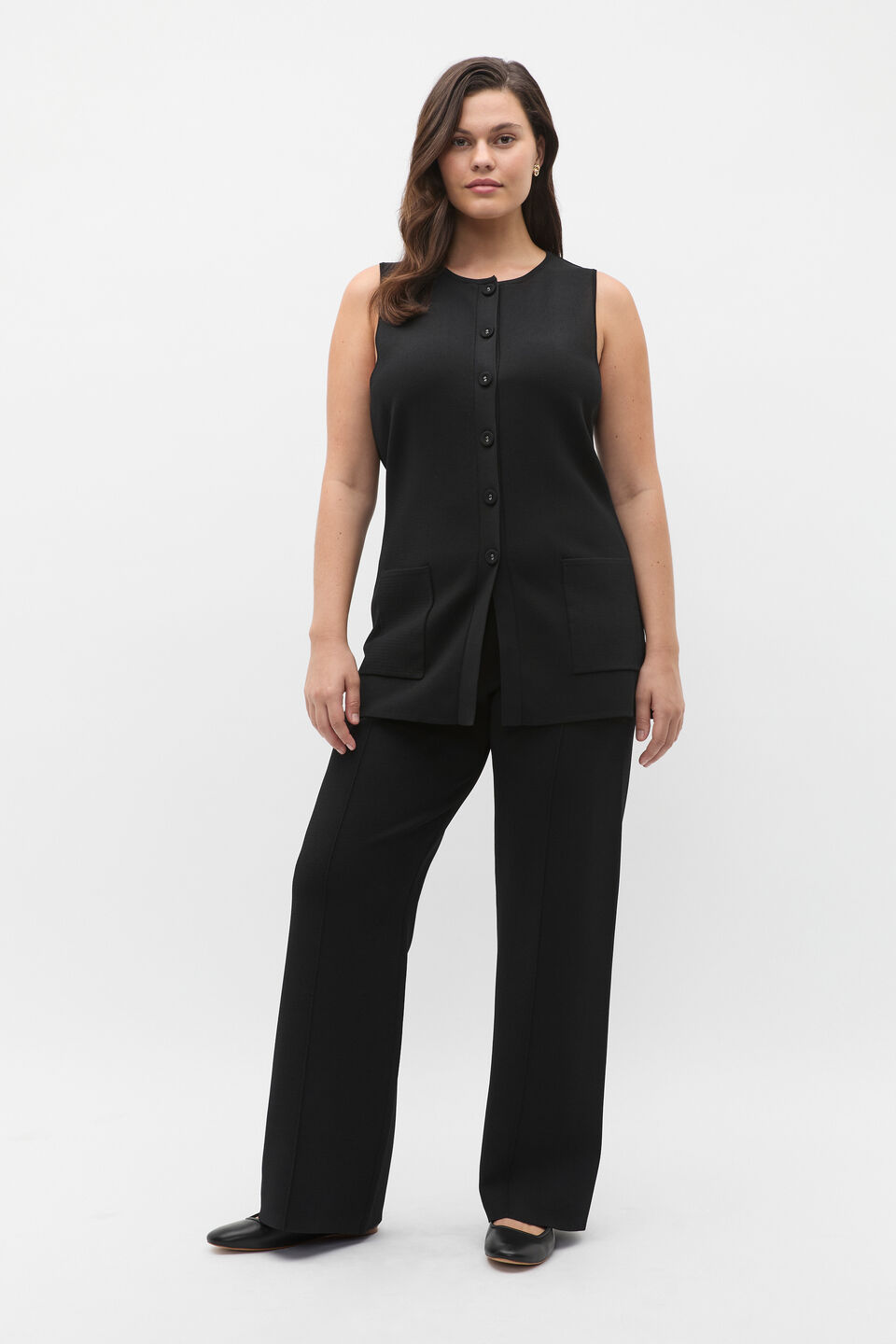 Longline Boat Neck Knit Vest  Black