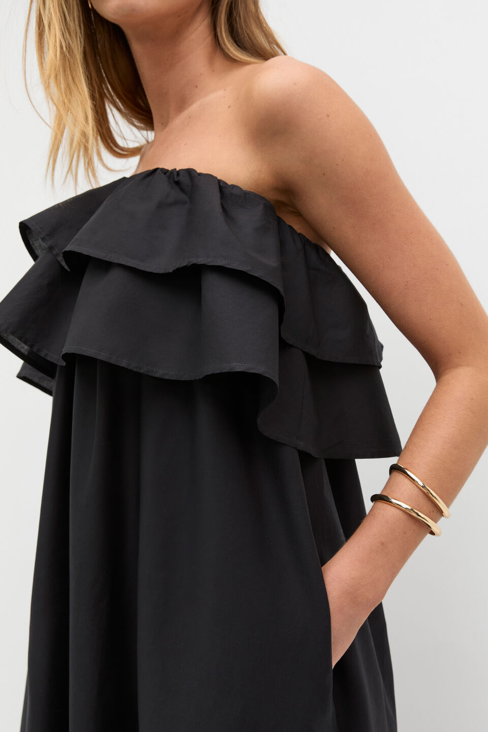 Voile Strapless Ruffle Maxi Dress  Black